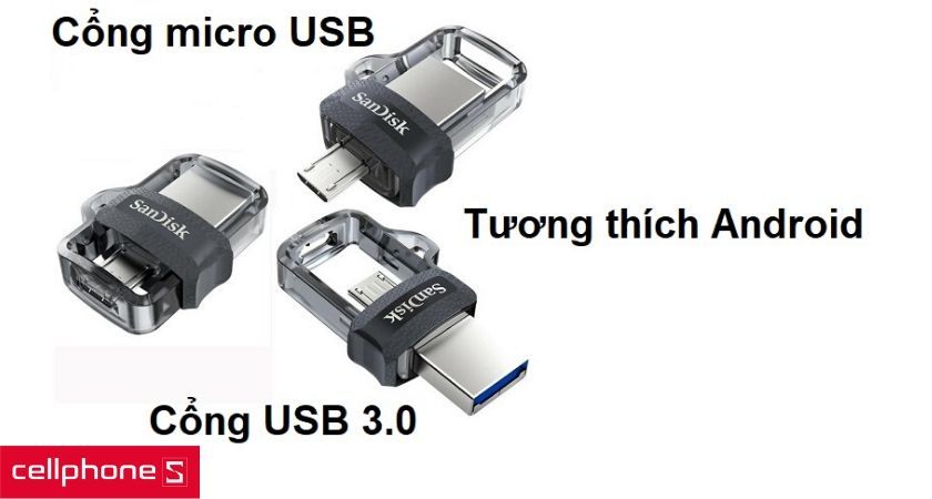 Thiết kế hai cổng kết nối micro USB và USB 3.0 Type A, tương thích hệ điều hành Android và máy tính bảng hỗ trợ OTG