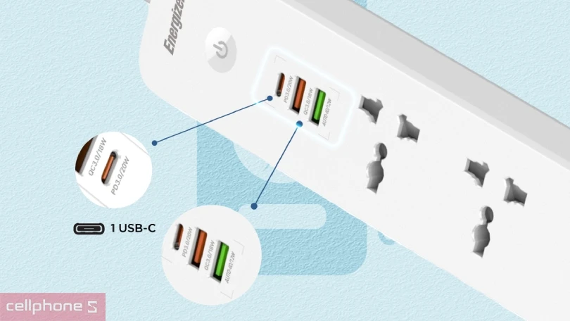 Thiết kế ổ cắm điện đa năng 5AC kèm 2USB-A và 1USB-C sạc nhanh PD 38W