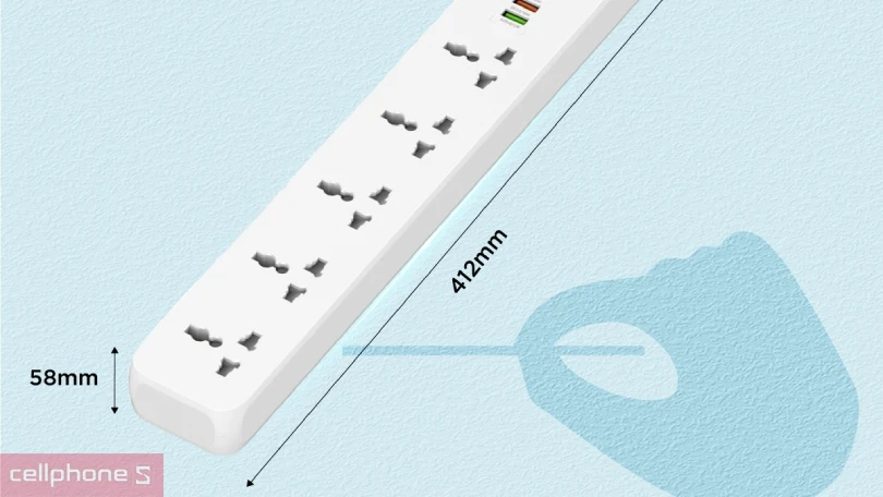 Thiết kế ổ cắm điện đa năng 5AC kèm 2USB-A và 1USB-C sạc nhanh PD 38W