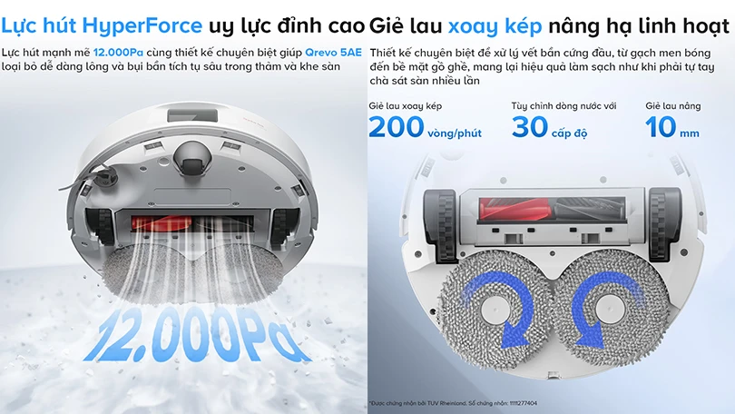 Robot hút bụi Roborock Q Revo 5AE - Lực hút 12000Pa mạnh mẽ, chống rối hiệu quả