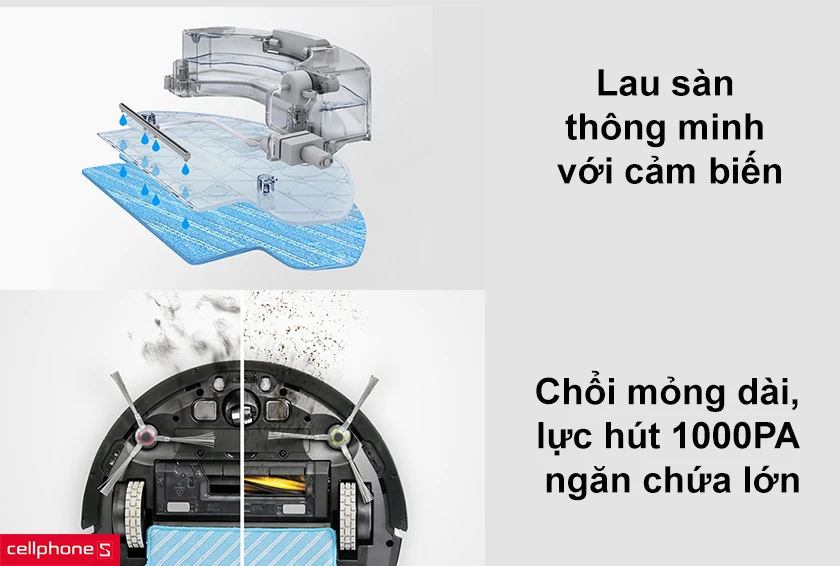 Chổi mỏng dài, lực hút 1000PA và ngăn chứa lớn, lau sàn thông minh với cảm biến