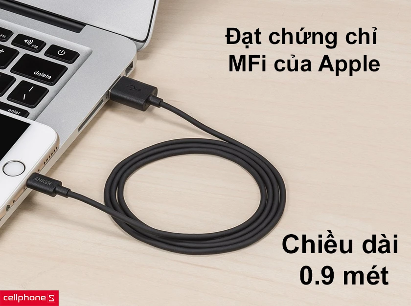 Đạt chứng chỉ MFi của Apple, chiều dài 0.9m phù hợp nhiều nhu cầu sử dụng 