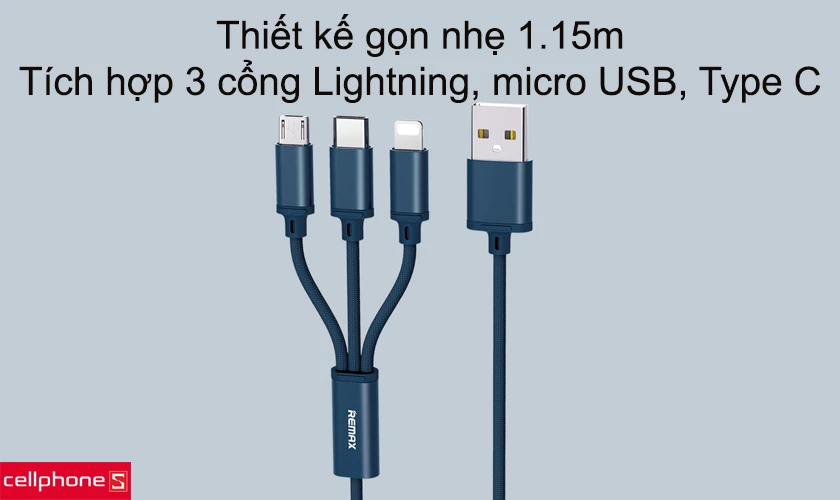 Thiết kế gọn nhẹ 1.15 m, tích hợp 3 cổng Lightning, micro USB - Type C