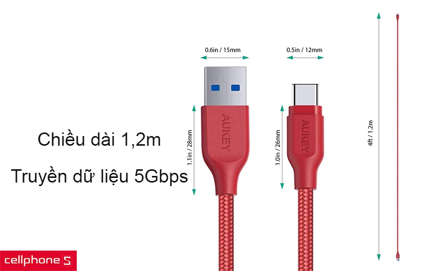 Chiều dài 1,2m, sạc nhanh với đầu ra 2.4A