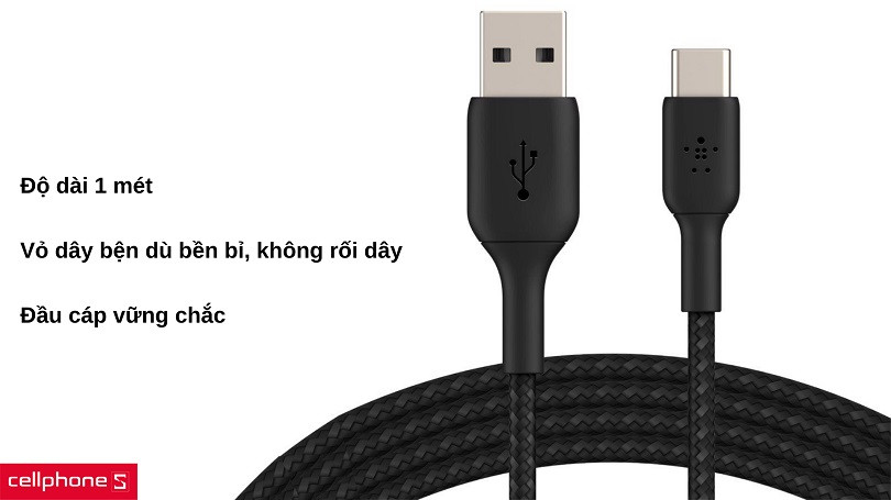 Cáp Type C Belkin Playa CAB002BT1MBK 12W 1m vỏ dù