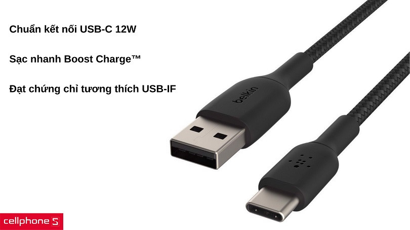 Cáp Type C Belkin Playa CAB002BT1MBK 12W 1m vỏ dù