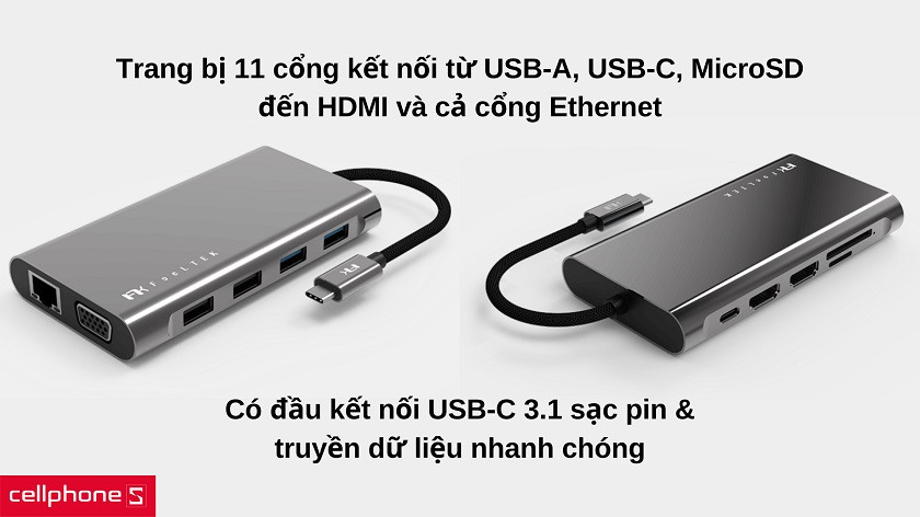11 cổng kết nối từ USB-A, USB-C, MicroSD cho đến cổng xuất HDMI và VGA