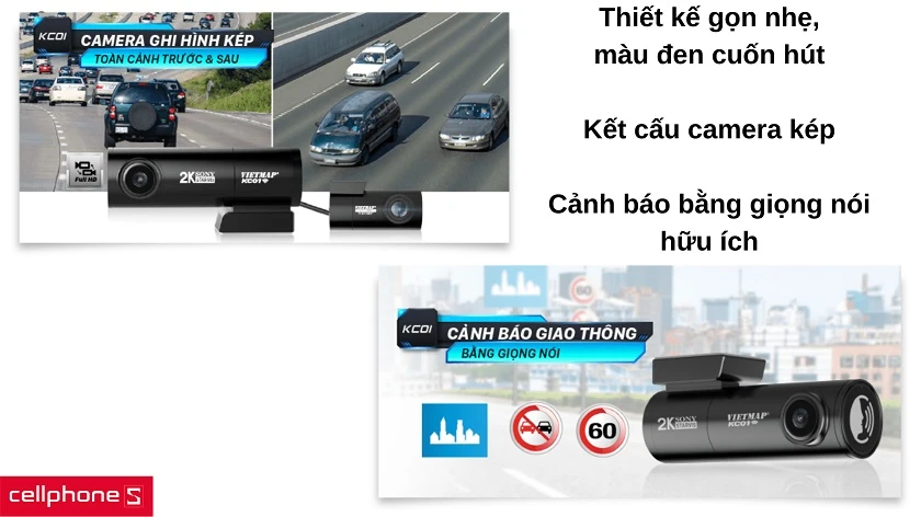 Quay video độ phân giải cao ở cả trước và sau, tích hợp cảnh báo bằng giọng nói