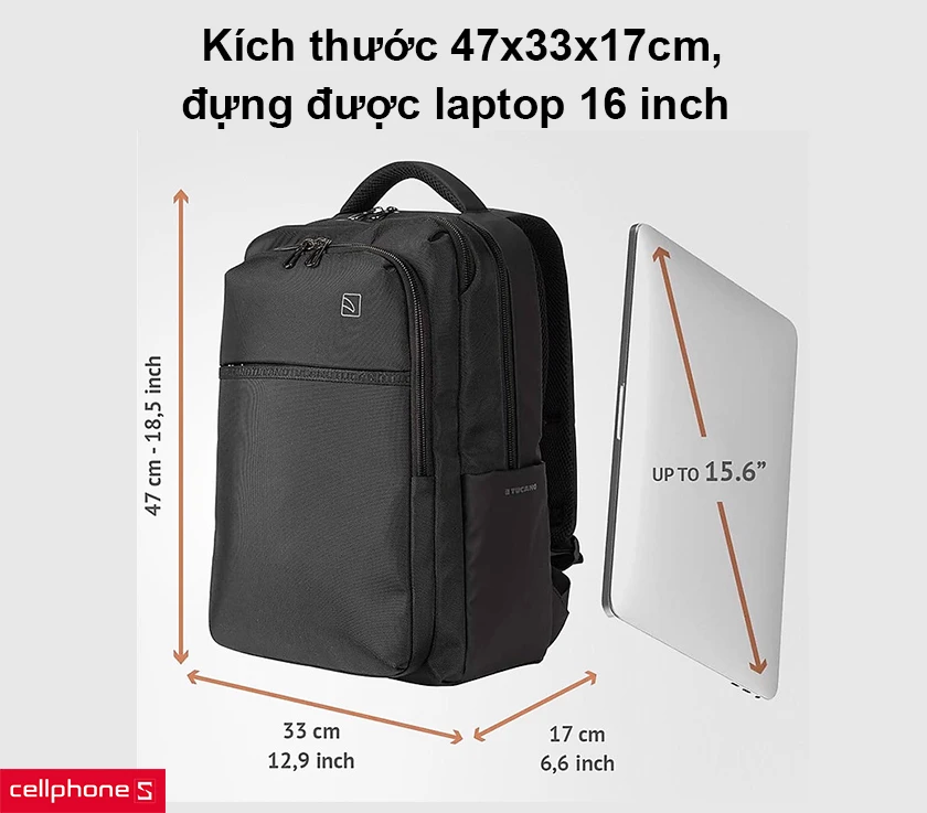 Kích thước 47x33x17cm, đựng được laptop 16 inch