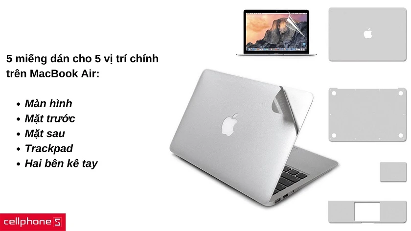Trọn bộ dán 5 vị trí trên MacBook Air, với độ mỏng ấn tượng cùng keo dán bền bỉ