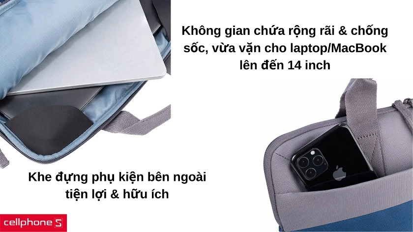 Không gian chứa rộng rãi, đệm chống sốc bảo vệ laptop và đồ dùng từ bên trong