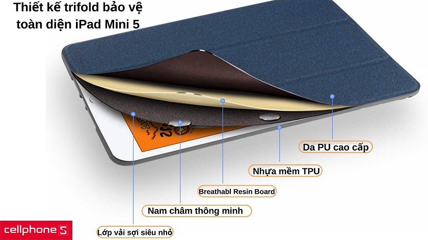 Thiết kế 3 lớp trifold đặc trưng cho iPad Mini 5 với chất liệu nhựa bền bỉ
