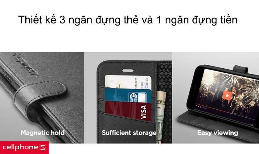 Thiết kế 3 ngăn đựng thẻ và 1 ngăn đựng tiền