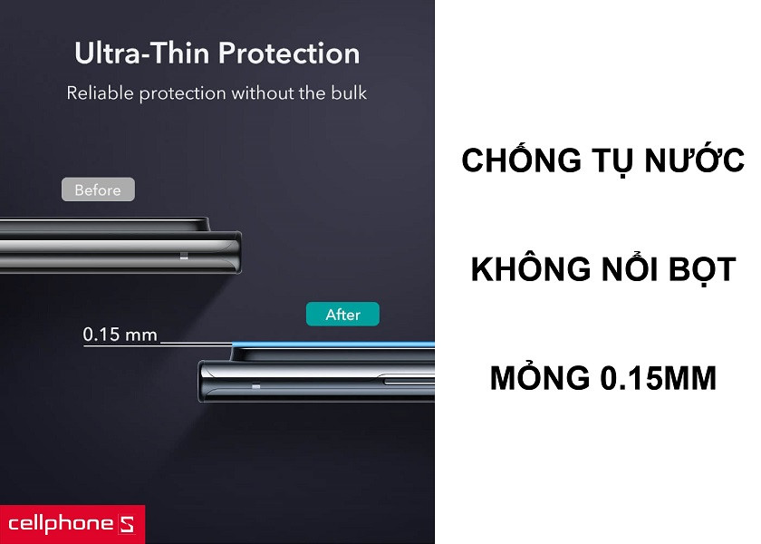 Khả năng chống tụ nước và nổi bong bóng khi dán cùng độ mỏng chỉ 0.15mm