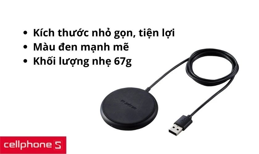Bộ sạc không dây Elecom W-QA16BK Qi 5W 1M tích hợp cáp