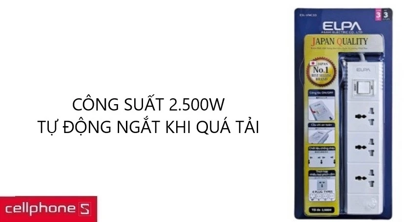 Công suất 2.500W 250V-10A, tự động ngắt điện khi quá tải