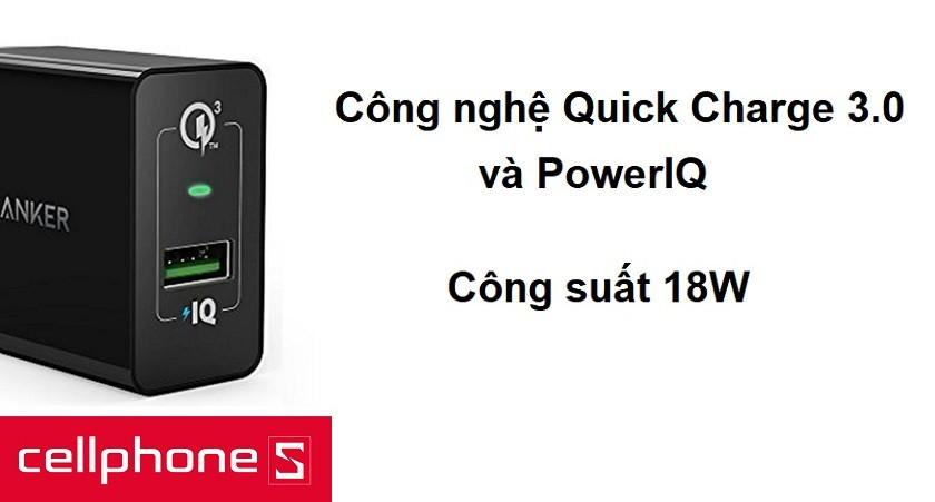 Công suất 18W, tích hợp công nghệ Quick Charge 3.0 và PowerIQ
