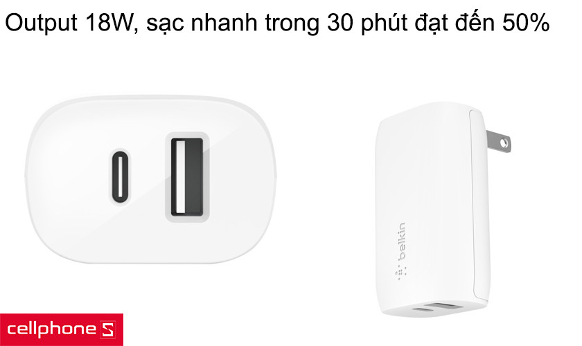 Đầu ra sạc nhanh 18W, trong 30 phút đạt đến 50%