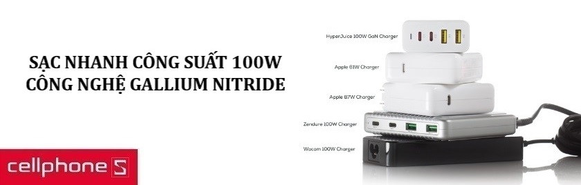 Trang bị 4 cổng sạc công suất 100W, công nghệ Gallium Nitride