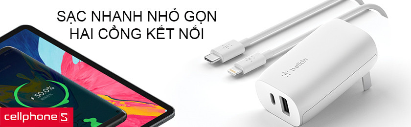 Sạc nhanh nhỏ gọn, hỗ trợ sạc hai thiết bị cùng lúc