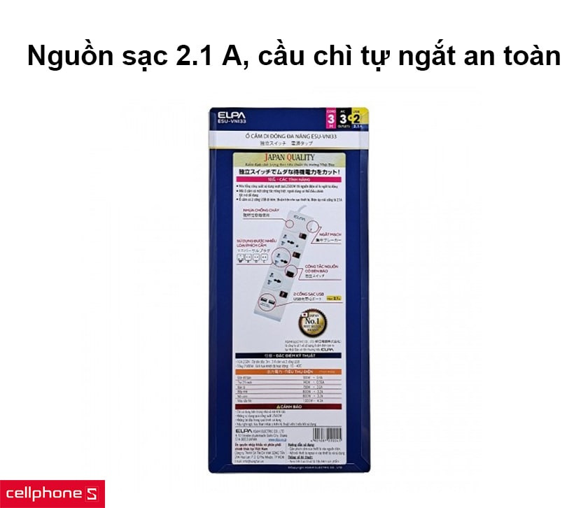 Nguồn sạc 2.1 A, trang bị cầu chì tự ngắt an toàn