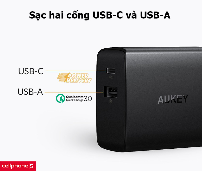 Sạc hai cổng USB-C và USB-A, tích hợp QC 3.0