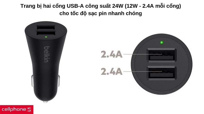 Trang bị 2 cổng USB-A với công suất 24W sạc nhanh tức thì