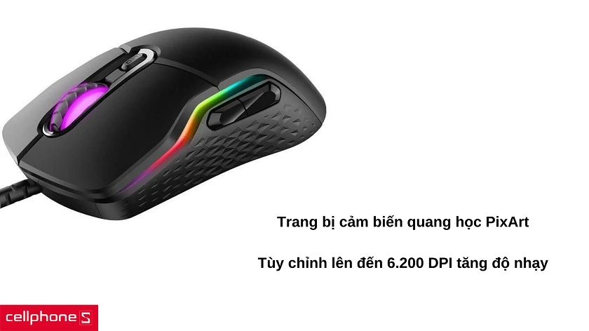 Cảm biến quang học PixArt cùng DPI lên đến 6.200 tăng độ nhạy cho mọi thao tác