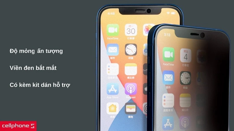 Dán cường lực cho iPhone 13 / 13 Pro - Hoda full đen cao cấp 2in1 chống nhìn trộm và vân tay (Có kit hỗ trợ dán)