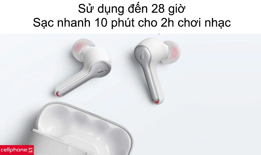 Sử dụng đến 28 giờ, trang bị sạc nhanh 10 phút sạc cung cấp đến 2h chơi nhạc