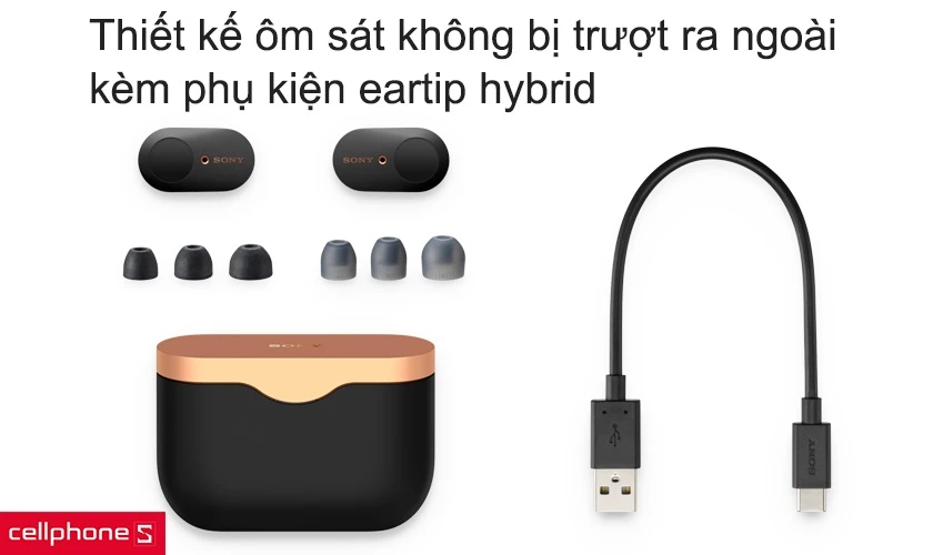 Thiết kế ôm sát không bị trượt ra ngoài, kèm phụ kiện eartip hybrid