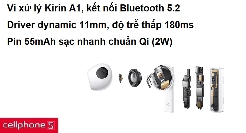 Vi xử lý Kirin A1, kết nối Bluetooth 5.2, pin 55 mAh sạc nhanh chuẩn Qi (2W)