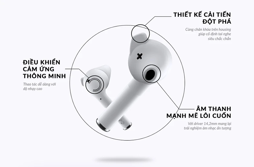 Thiết kế Earbuds, nhựa mờ cùng phần gờ Bud Heel độc đáo