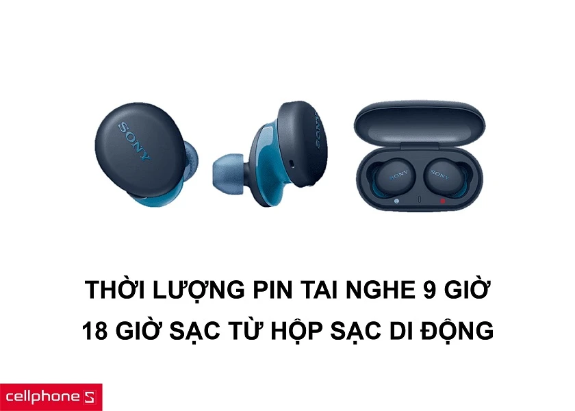 Thời lượng pin 9 giờ nghe liên tục cùng 18 tiếng sạc thêm từ hộp sạc di động, linh hoạt