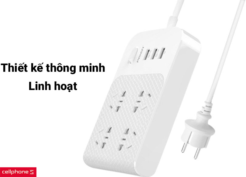 Ổ cắm điện Pisen BH-43 (4 Cổng AC – 3 Cổng USB) dán tường