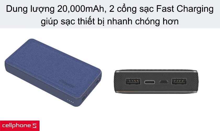 Dung lượng 20,000mAh và 2 cổng sạc Fast Charging, giúp sạc thiết bị nhanh chóng hơn