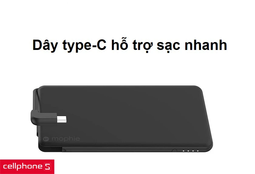 Mophie Power Stastion Plus được tích hợp dây sạc type–C bên hông hỗ trợ sạc nhanh 18W