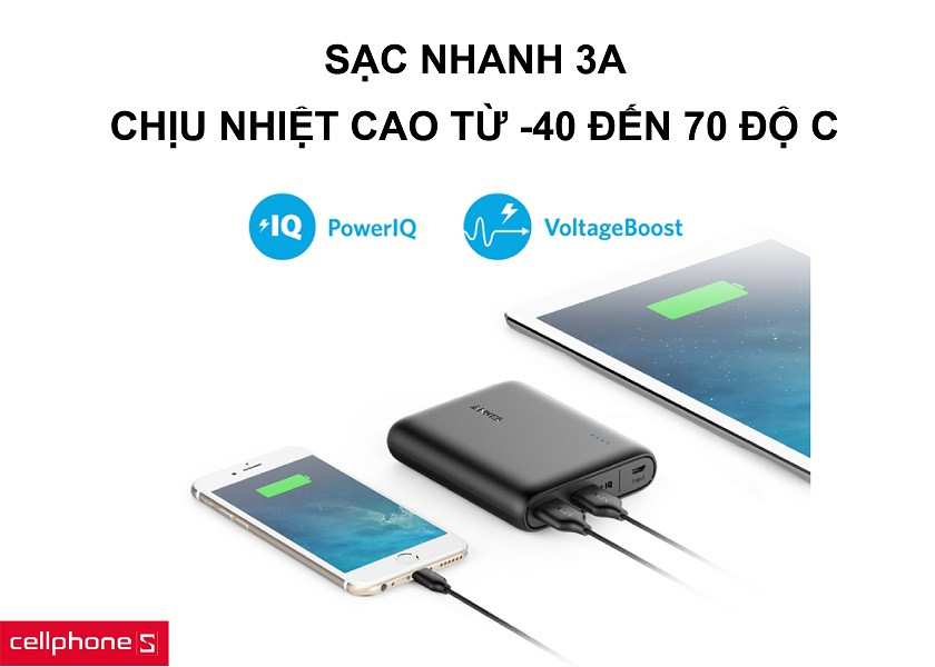 Khả năng chịu nhiệt cao từ -40 độ đến 70 độ C cùng khả năng sạc nhanh 3A