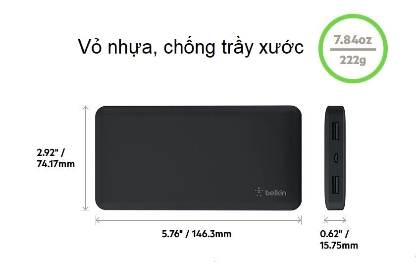 Trọng lượng 222g, vỏ nhựa chống trầy xước