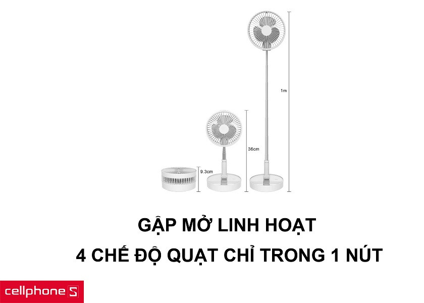 Gập mở và kéo dài lên đến 1m cùng 4 chế độ giải nhiệt chỉ trong một phím bấm