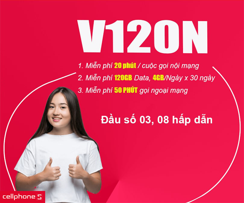 Sim 4G Viettel V120N 4GB/ngày Free 12 tháng đầu số 03, 08