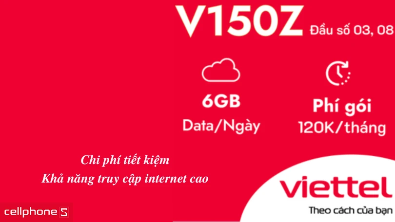 Sim 4G Viettel V150Z 6GB/Ngày đầu số 03,08 - Truy cập ỉnternet tốc độ cao