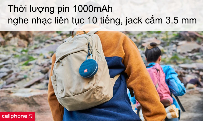 Thời lượng pin 1000 mAh nghe nhạc liên tục 10 tiếng, jack cắm 3.5 mm