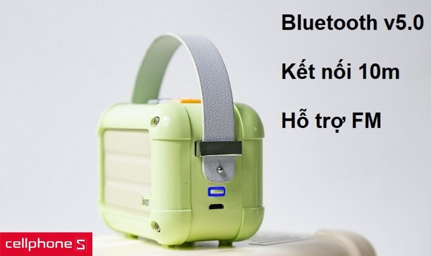 Bluetooth v5.0 cho khả năng kết nối phạm vi 10m cùng hỗ trợ FM Radio với ăng-ten có thể tháo rời
