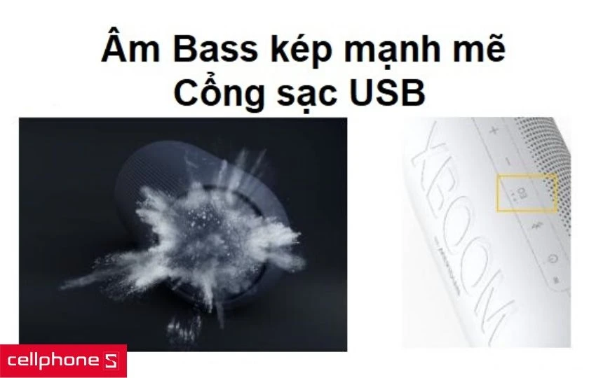 Âm bass kép mạnh mẽ với Dual Action Bass cho âm thanh sống động cùng cổng sạc USB