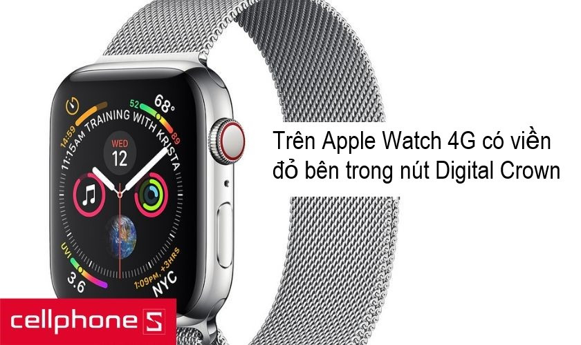 trên phiên bản 4G của Apple Watch Series 4 sẽ có một phần viền màu đỏ bên trong nút Digital Crown