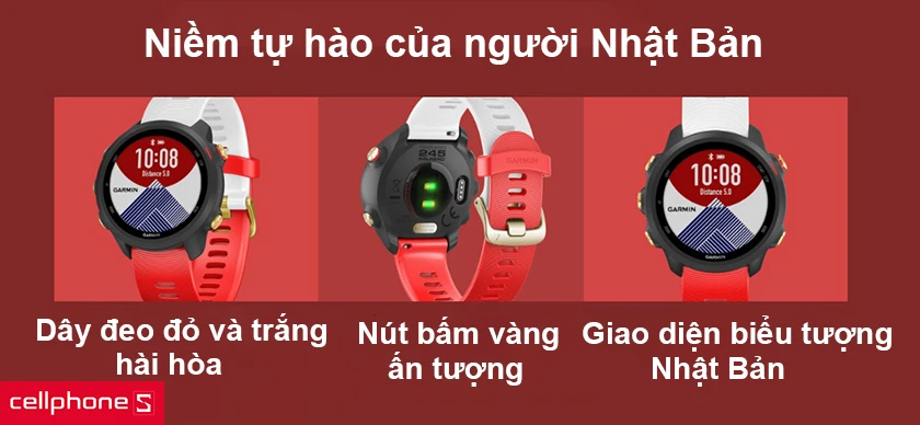 Thiết kế dây đeo đỏ - trắng, màn hình núi Phú Sĩ đặc trưng của Nhật Bản
