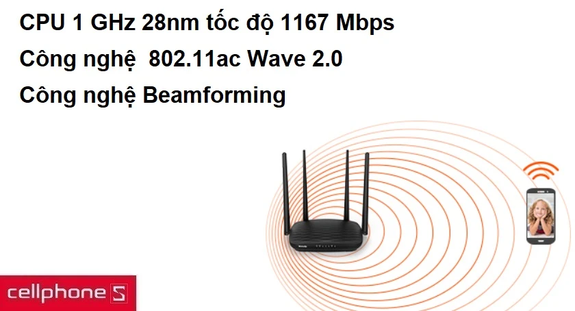 CPU 1 GHz 28nm tốc độ 1167 Mbps, tiết kiệm điện năng