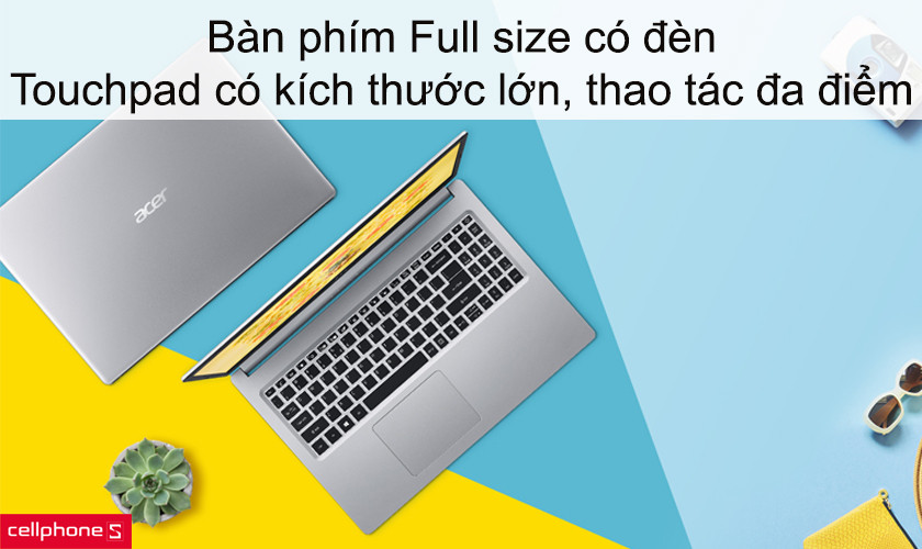 Bàn phím Full size có đèn, Touchpad có kích thước lớn, thao tác đa điểm