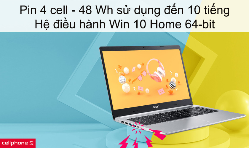 Pin 4 cell - 48 Wh sử dụng đến 10 tiếng, hệ điều hành Win 10 Home 64-bit